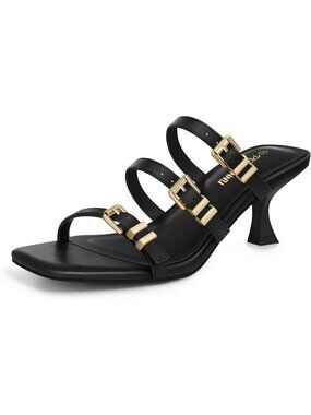 Women's Black Kitten Heels Open Toe Slip-on Mules With Three Buckle Comfortable